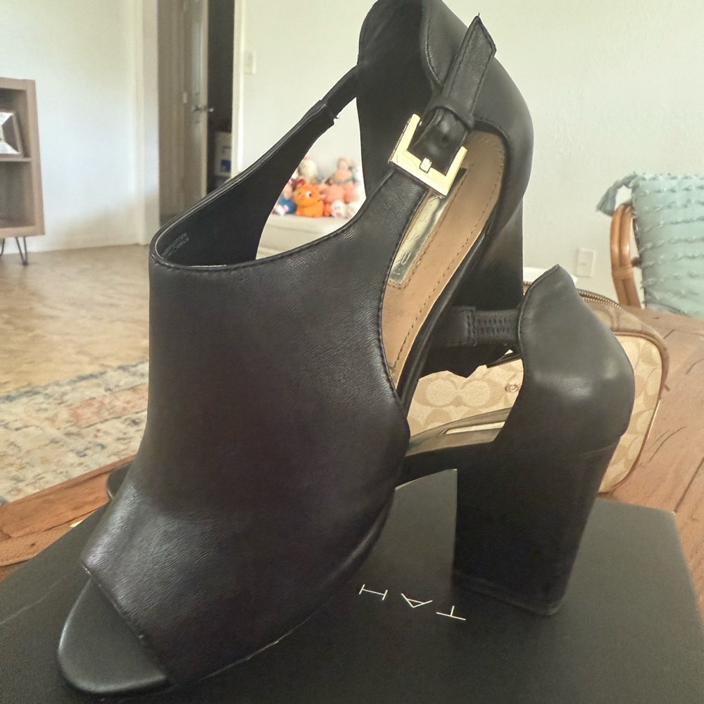 Tahari Black Open-Toe Leather Heels